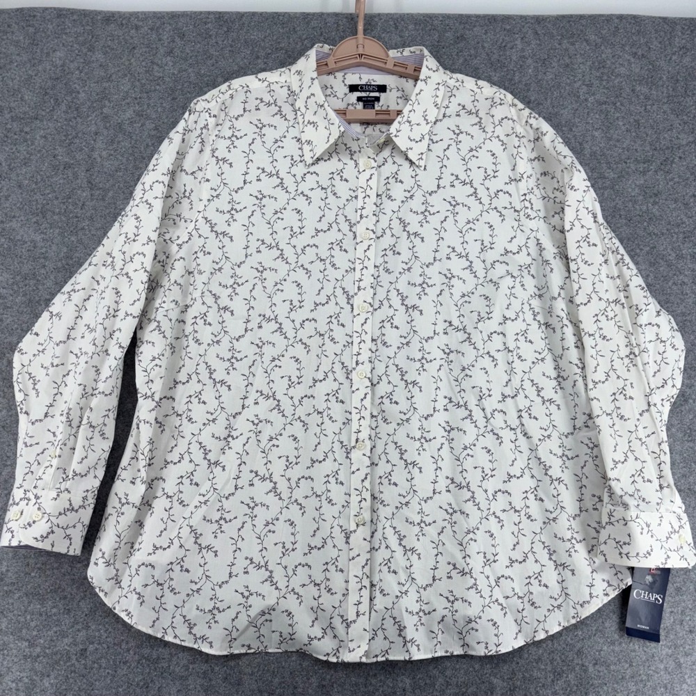 Chaps Women 2X Cream Floral No Iron Cotton Button Down Shirt Long Sleeve NWT